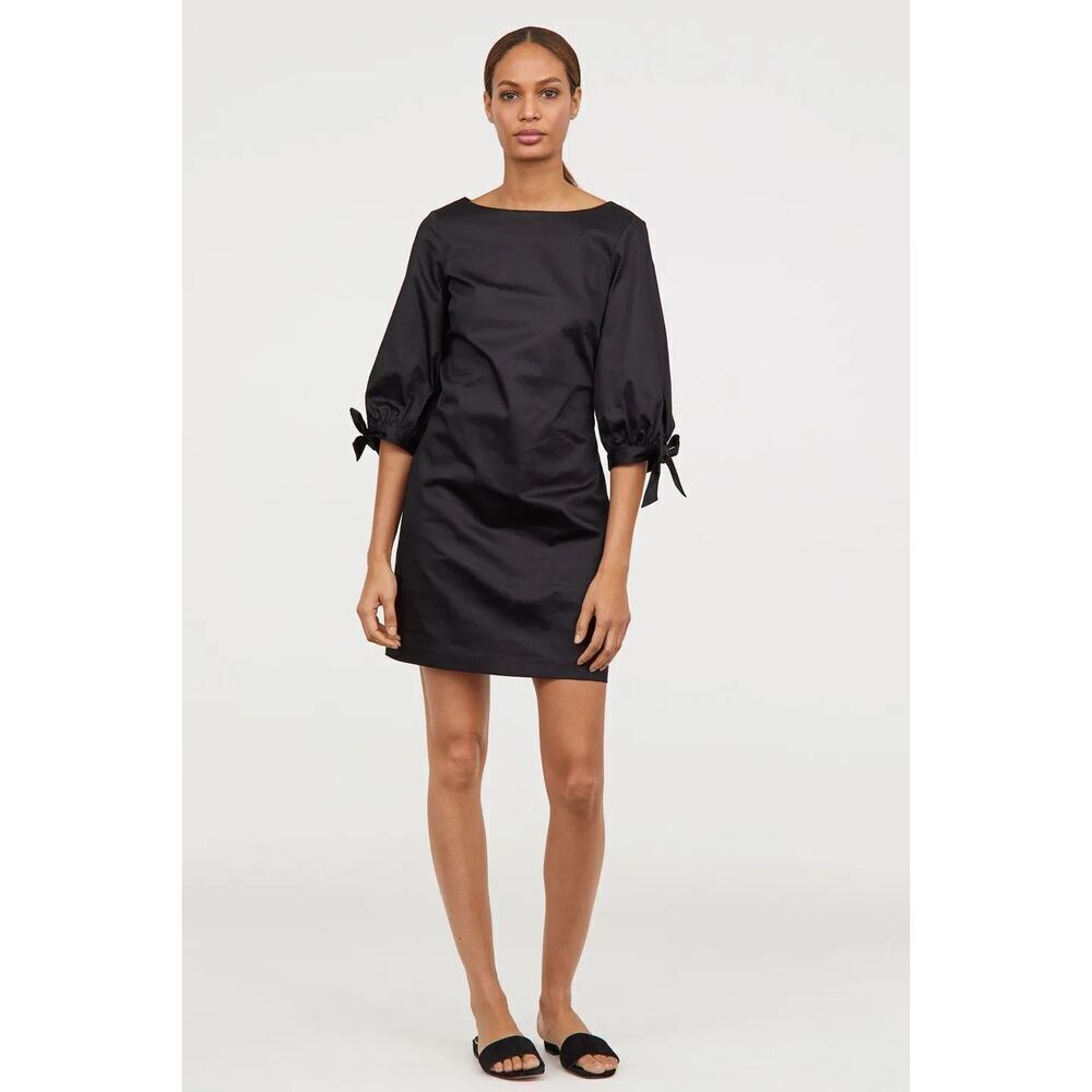 H&M Black Cotton 3/4 Sleeve Boatneck Sheath Dress Sz 0 Career, LBD